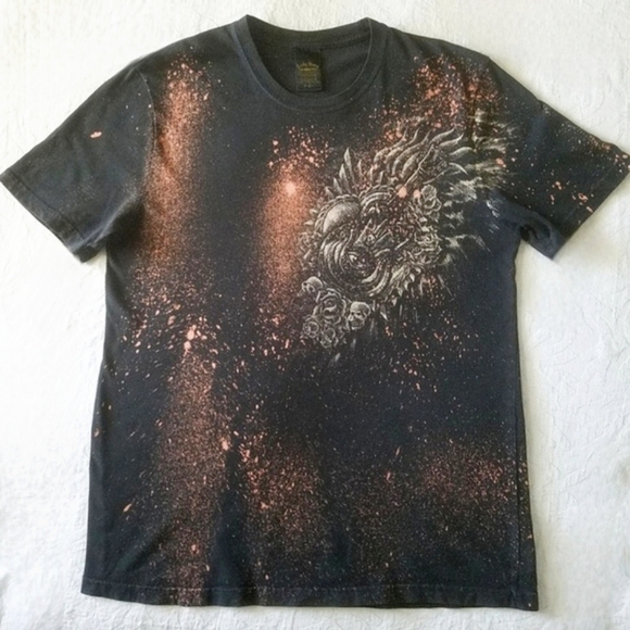 Lucky Brand Burnout /Faded Black Distressed Guitar & Skull Tee Size Medium - Picture 1 of 7